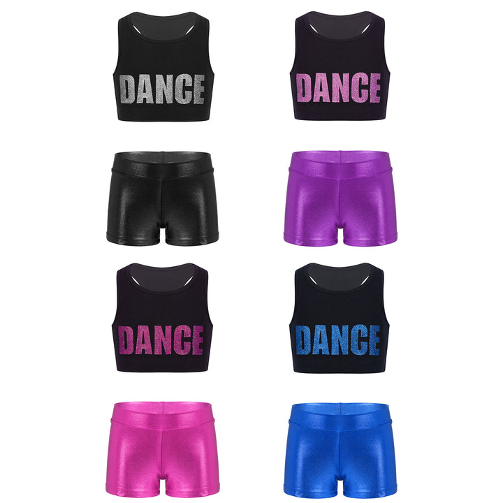 Kids Girls Stretchy Yoga Set Workout Tracksuit Sleeveless Racer Back Crop Top with Metallic Shorts Fashion Sports Dance Outfits