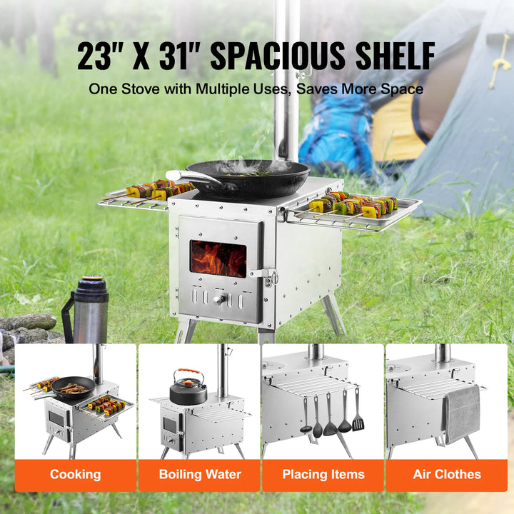 VEVOR Wood Stove 86 in Stainless Steel Camping Tent StovePortable Wood Burning Stove with Chimney Pipes & Gloves3000in³Firebox