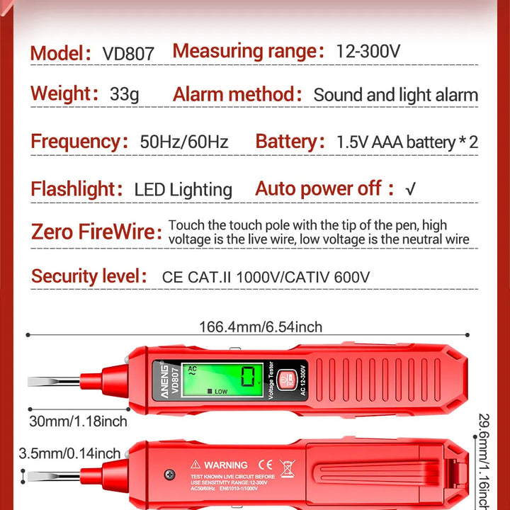 ANENG VD807 One-word Induction Portable 50/60Hz Smart Electric Pen Tester NCV Sensor AC 12-300V Non-contact Wire Detector Tools