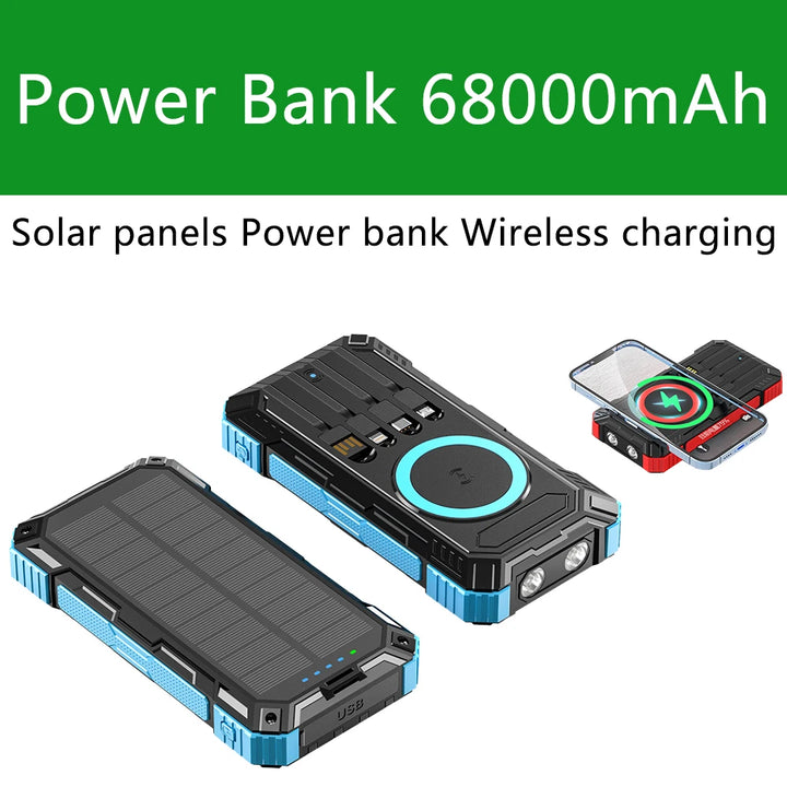 Solar panels Power bank Wireless charging solar phone charger 68000mAh with outdoor lighting Phone Charger 15W Wireless charging