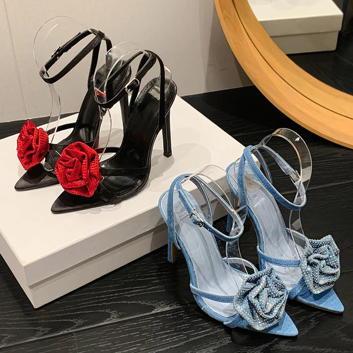 Aneikeh 2025 Fashion Denim Buckle Strap High Heels Women's Sexy Pointed Open Toe Crystal Flower Slim Heel Sandals Party Dress