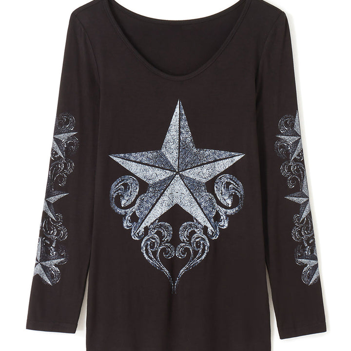 Women s Stylish  Fit Black Long Sleeve T-shirt with Unique Five-pointed Star Print and Deep V-neck Design Available in