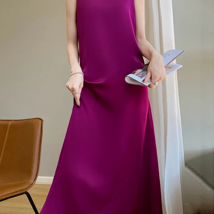 Summer Halter Dress Female Silk Silk Silk High Grade Satin Solid Color Long A-Line Skirt Waist Show Thin Cover Meat RW D13