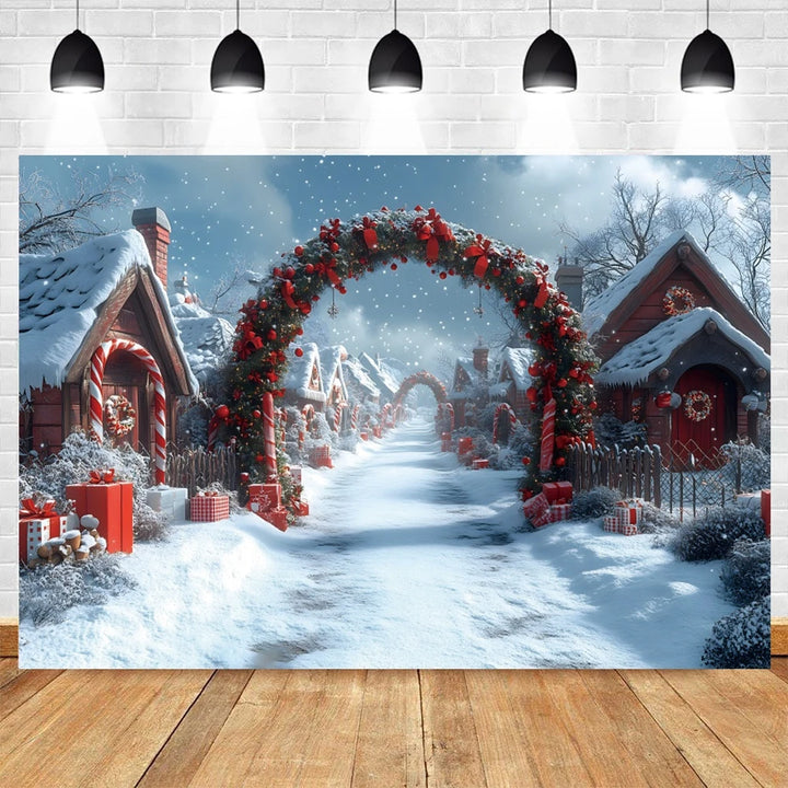 Winter Christmas Photography Backdrop Wonderland Candy Cane Arch Xmas Town Snow Tree Family Portrait Decor Photo Background Prop