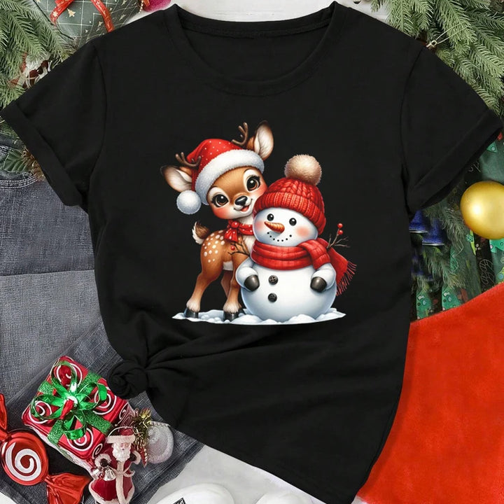 Cute Christmas Elk Printing Women T Shirt Cartoon Casual Short Sleeve O-Neck Women Red Tshirt Ladies Y2k T-shirt Female