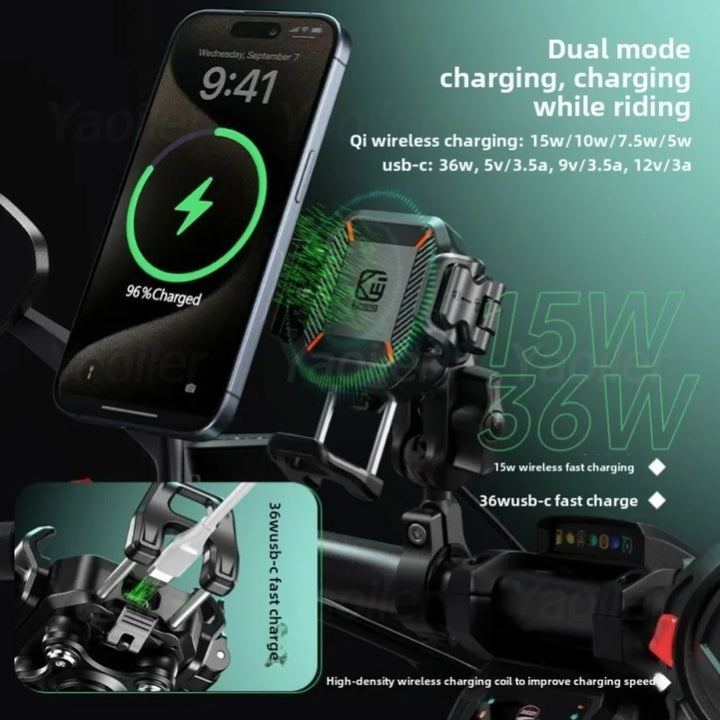 Kewig NEW Motorcycle Fork Stem Shock Absorption Phone Mount Holder w/ Qi 15W Wireless Charger & 36W PD/USB-C Fast Charging Port