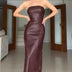 Sleeveless Strapless High Waisted Women's Leather Dress Backless Burgundy Slim Fit Evening Gown New Female Night Club Vestidos