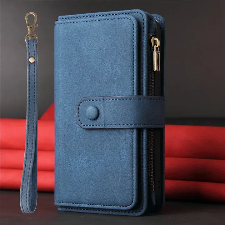 Multi 15-Card Flip Wallet Case For OPPO Realme 12 Pro Plus 11 11X 10 9 9i 8 Zipper Leather Lanyard Wrist Strap Cover Realme12