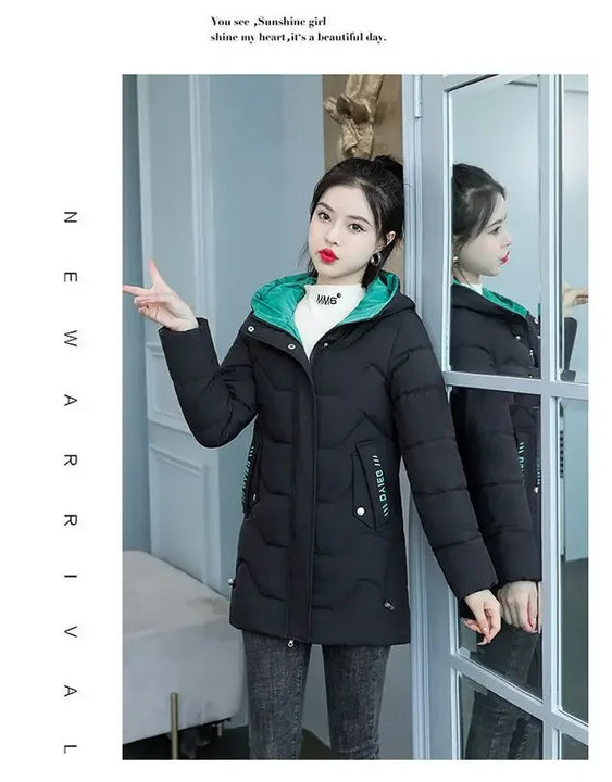 Winter Fashion Women Mid Length Down Cotton Jacket Korean Loose Thick Warm Padded Coat Female Hooded Parkas Outerwear Winter