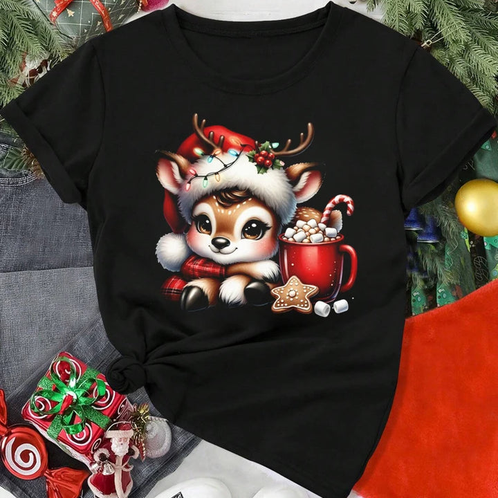 Cute Christmas Elk Printing Women T Shirt Cartoon Casual Short Sleeve O-Neck Women Red Tshirt Ladies Y2k T-shirt Female