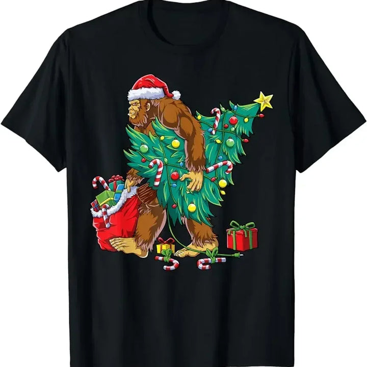 New Christmas T-Shirt for Men Bigfoot Santa Claus Letter Lights Graphic Printed Women Mens Cotton T-shirt Street Party Clothing