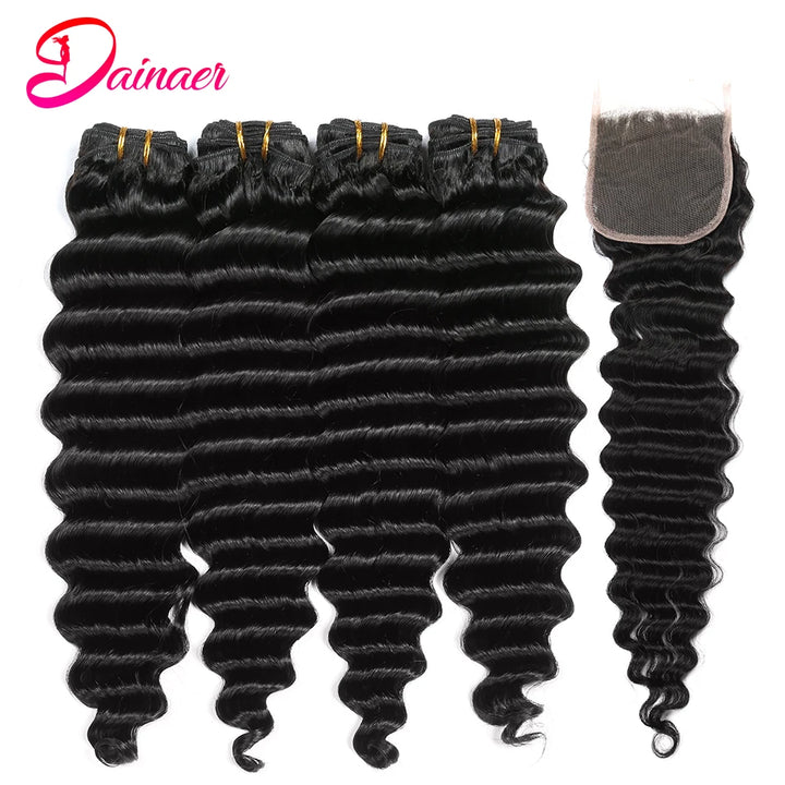 Deep Wave Bundles With Closure Brazilian Human Hair Weave Bundles With Closure Deep Wave Hair 4Bundles With 4x4 Lace Closure