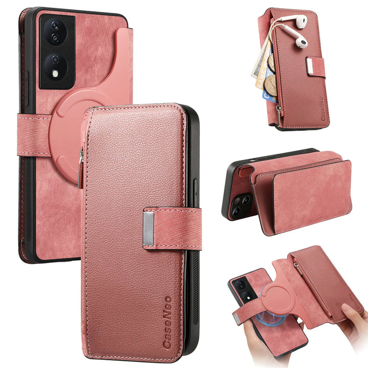 Zipper Flip magnetic suction detachable Back Cover For Honor X7b Card slot wallet shockproof Phone Case For Honor X7b 6.8 inch