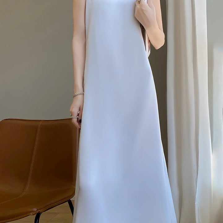 Summer Halter Dress Female Silk Silk Silk High Grade Satin Solid Color Long A-Line Skirt Waist Show Thin Cover Meat RW D13