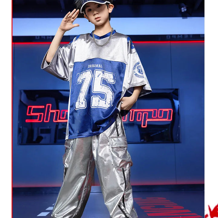 Fancy Suits For Girls Short Sleeve Gray Children'S Shirt Shiny Leather   Hip Hop Clothes Cool Style Boys' Clothing