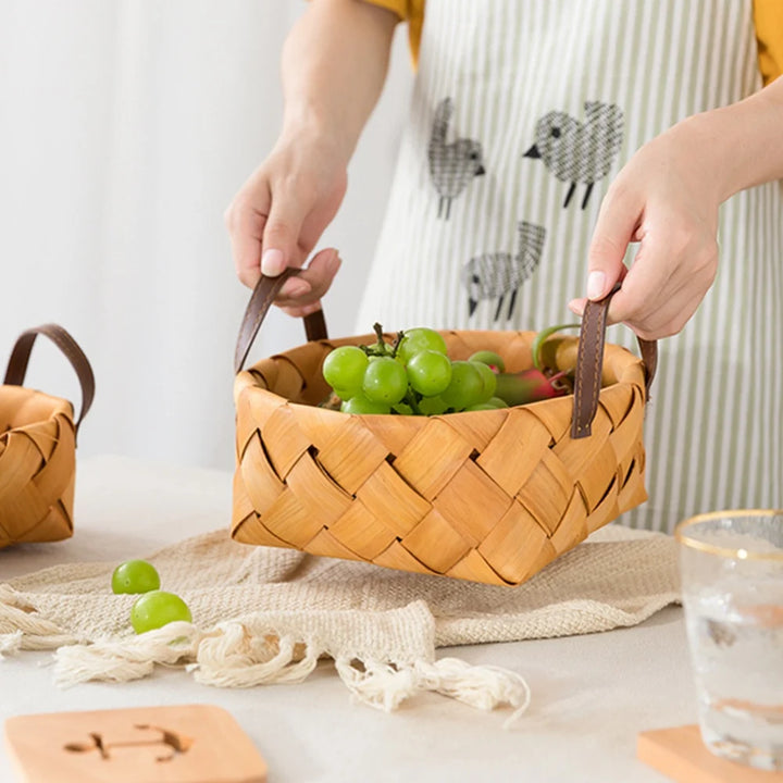 Woven Storage Basket with Handle Bread Basket Portable Picnic Food Fruit Storage Box Kitchen Organizer Decor Photography Props