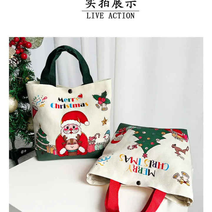 2024 New Christmas Gift Bag Cartoon Print with Portable Santa Claus Snowman Handbag Canvas Bag Bolsa De Regalo De Navidad