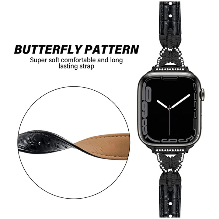 2in1 Leather compatible with metal band apple watch watch band 38mm 40mm 41mm 42mm 44mm 45mm women,metal butterfly genuine star compatible iWatch series 9/8/7/6/5/4/3/2/1/SE