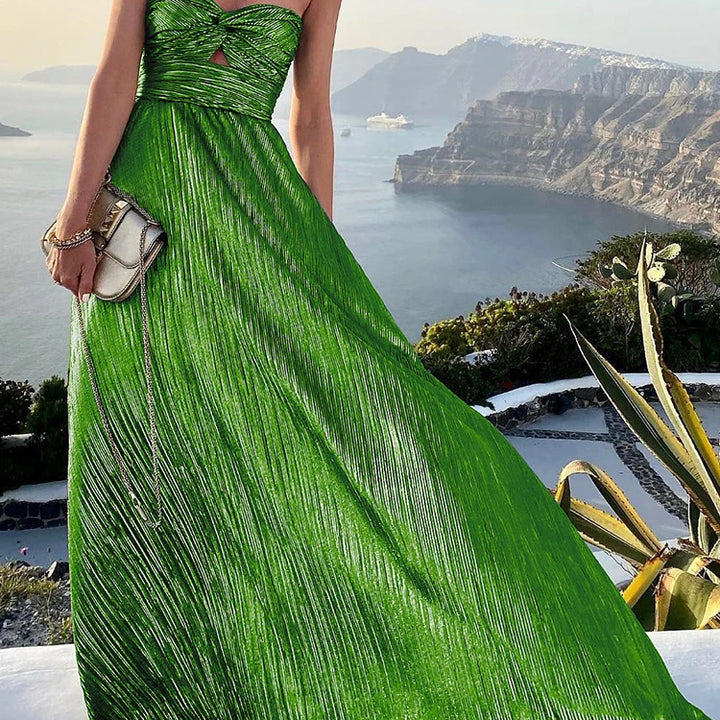 2022 Sexy Strapless Hollow Out Long Dress Women Boho Elegant Bronzing Evening Dress Fashion Sleeveless A-Line Party Dress