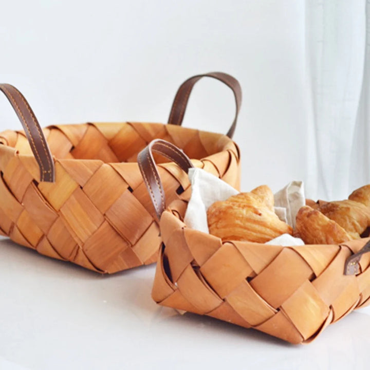 Woven Storage Basket with Handle Bread Basket Portable Picnic Food Fruit Storage Box Kitchen Organizer Decor Photography Props