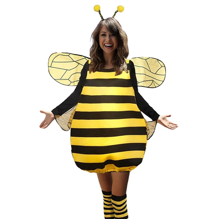 Halloween Striped Patchwork Bee Costume for Women Funny Animal Adult Costumes with Knee-high Socks and Hair Hoop Cosplay Outfit