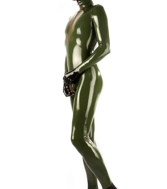 Sexy Army Green Latex Fetish Catsuit with Front Crotch Zip Rubber Jumpsuit Imitation Uniform Bodysuit w/o Hood Socks Gloves