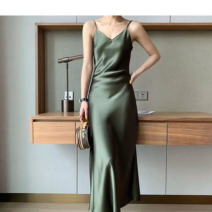 2022 Elegant Women Dress Summer Sexy V-Neck Korean Satin Party Long Spaghetti Strap Dresses Casual Sundress Vestido Mujer