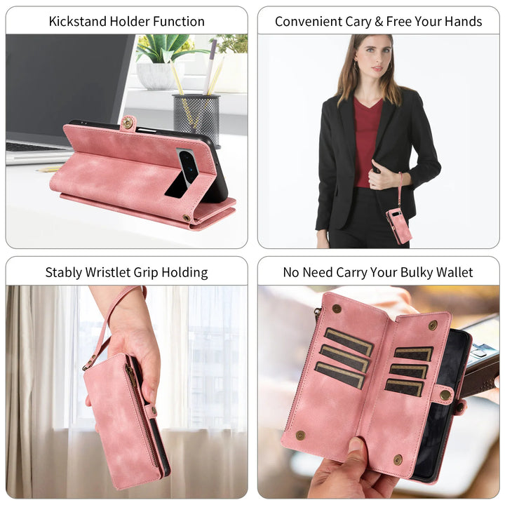 Luxury Handbag Zip Wallet Case for Google Pixel 8 Pro 8A 7 7A 6 6A 5 XL 5A 4 4A Leather Phone Bumper Magnetic Strap Flip Case