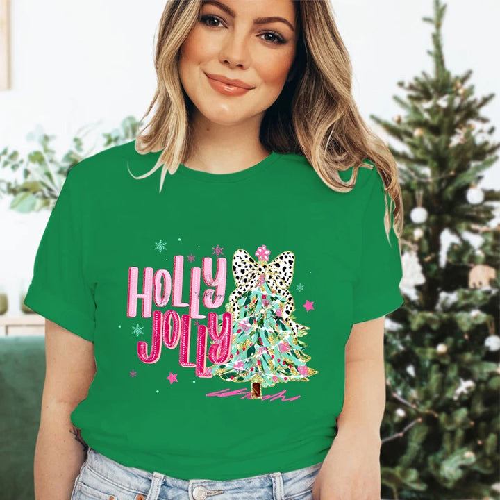 Merry Christmas Tree Design T-shirt Women Funny Festive Fashion Casual Green Tshirt Creative Xmas Tree Graphic Holiday Tops Tees