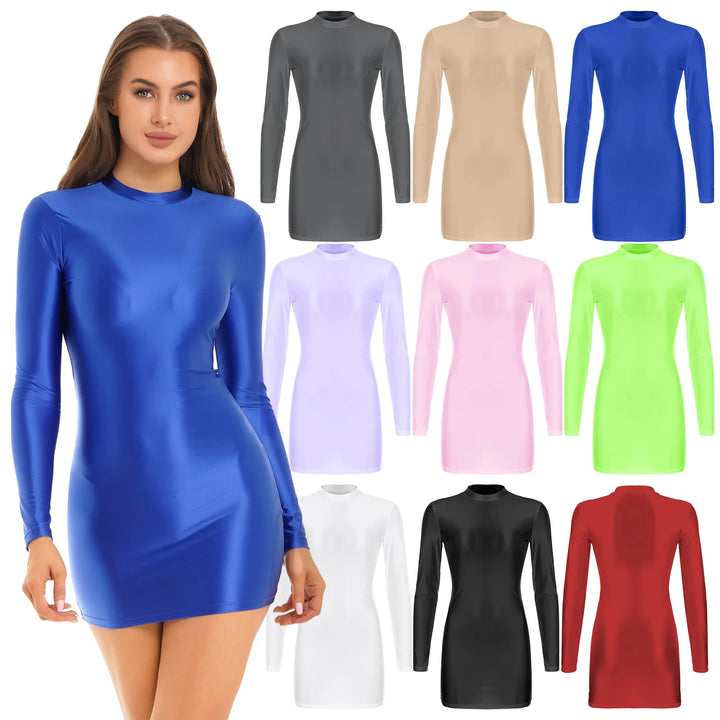 Women Oil Bodycon Dress Smooth Stretchy Tight Party Dress Female Sexy Envening Dresses Glossy Long Sleeve Bodycon Dress Clubwear