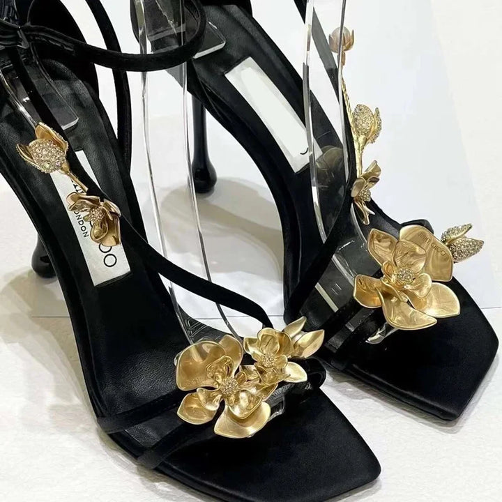 Golden Flowers Women Silk High Heels Luxury Designer Sandal Metallic Flower Square Toe Pointed Fine Heel Party Dress Shoes Pumps