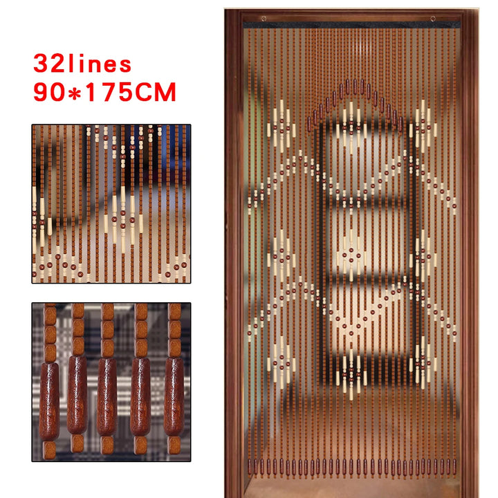 32Lines Porch Partition Curtain, Bamboo Bead Curtain For Doorway, String Door Curtains Beaded, Wooden Curtain