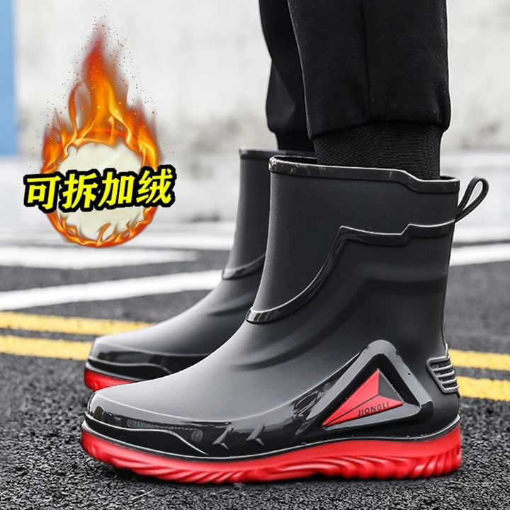 Autumn and winter non-slip rain boots for men warm rain boots, velvet waterproof shoes, kitchen plastic work shoes fishing shoes