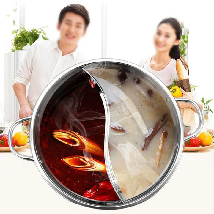 30cm Twin Divided Hot Pot Stainless Steel Hotpot Kitchen Cooker Gas Stove Compatible Pots Home Kitchen Cookware Soup Cooking