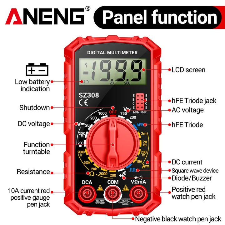 ANENG SZ308 Digital Multimeter Voltage Resistance Meter AC/DC Current Meter Electrician LCD Backlight Ohm Square Wave Test