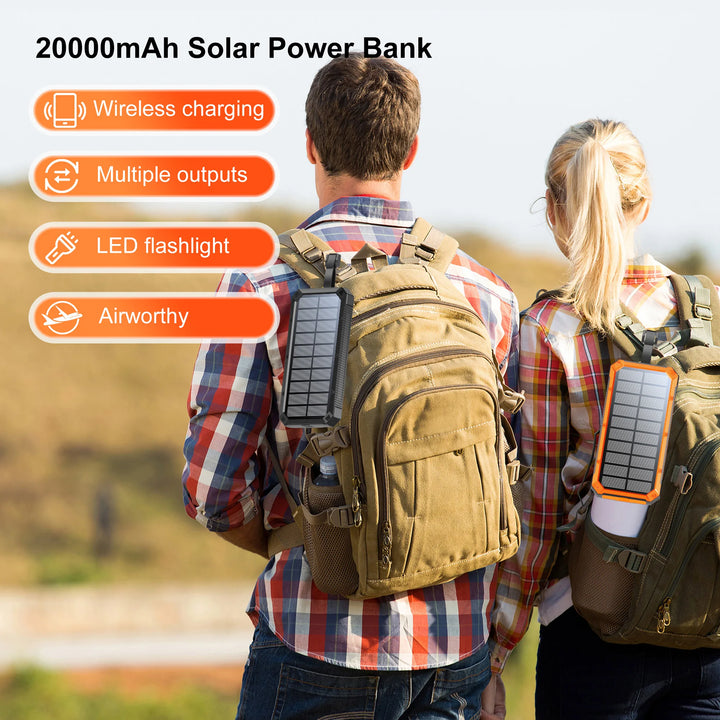 Mobile phone solar charger 20000mAh with 4 outputs, wireless charging emergency power supply, built-in LED light