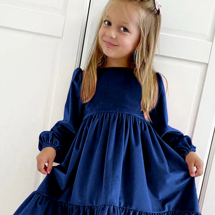 Spring AutumnGirls Dress Ruffles Long Sleeve Girl Velvet Retro Kids Party Dress Girl Princess Dress Children Clothing 6-12Y