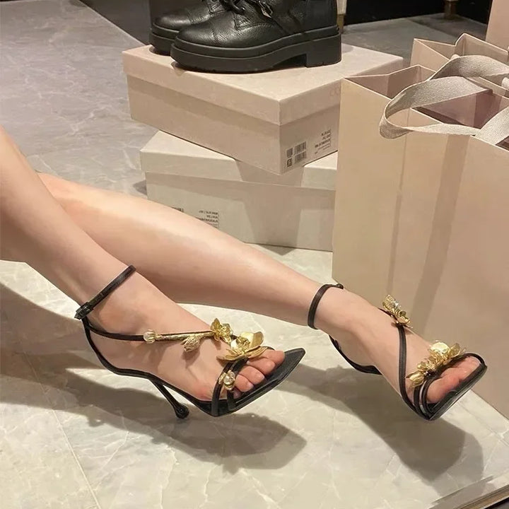 Golden Flowers Women Silk High Heels Luxury Designer Sandal Metallic Flower Square Toe Pointed Fine Heel Party Dress Shoes Pumps