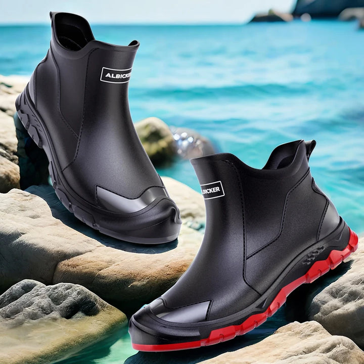 Fashion contrast color black red sole short rain boots men's outerwear versatile non-slip wading khaki rubber shoes