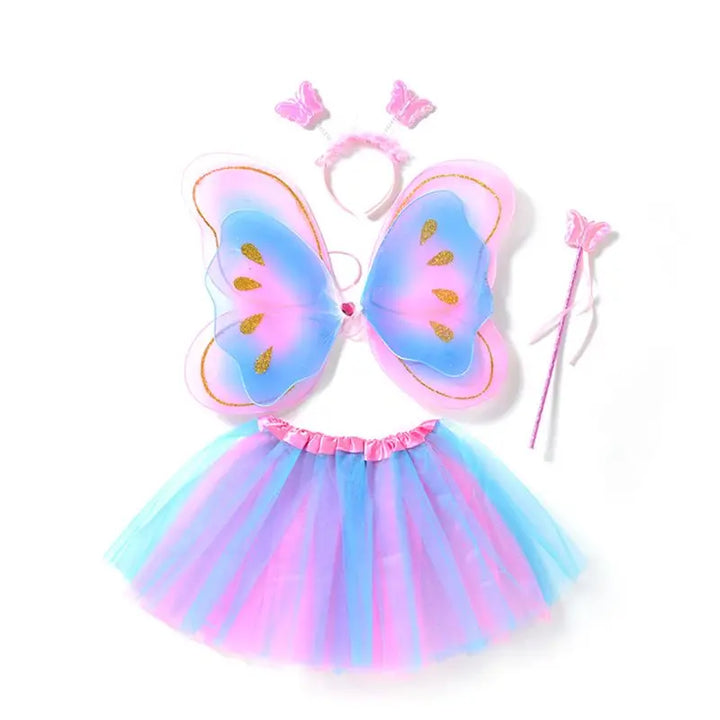 4Pcs/Set Kid Fairy Costume Set Ladybird Bee Glitter Cute Wing Striped Layered Tutu Skirt Wand Headband Dress Up Halloween Outfit