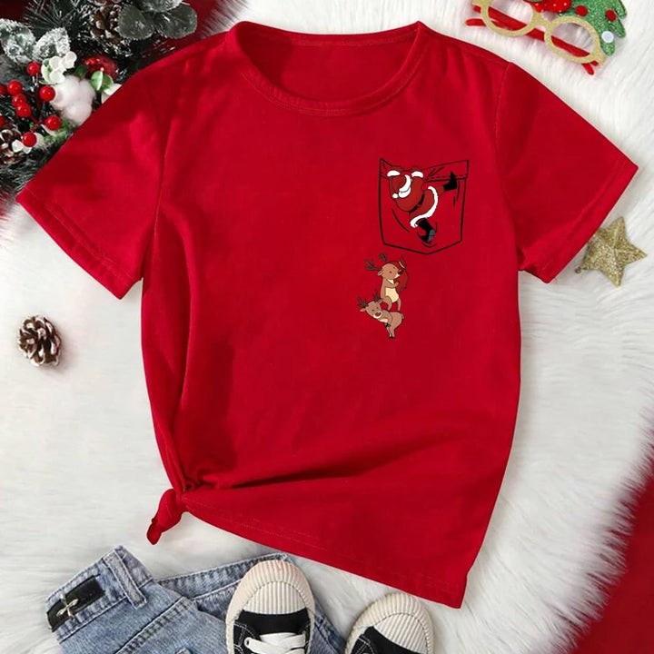 Women's Merry Christmas T Shirt Funny Santa Claus Reindeer Pocket Printed T Shirt Casual Female T-Shirt Suitable for All Season