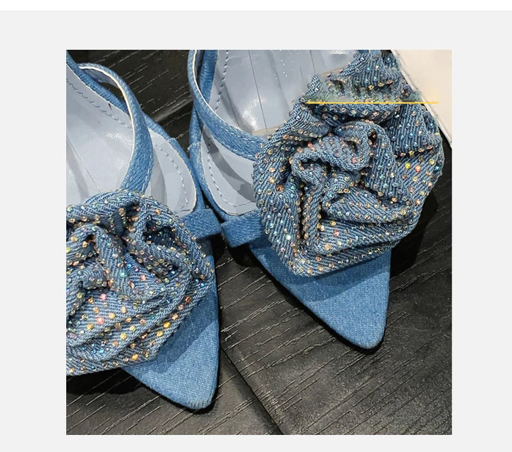 Aneikeh 2025 Fashion Denim Buckle Strap High Heels Women's Sexy Pointed Open Toe Crystal Flower Slim Heel Sandals Party Dress