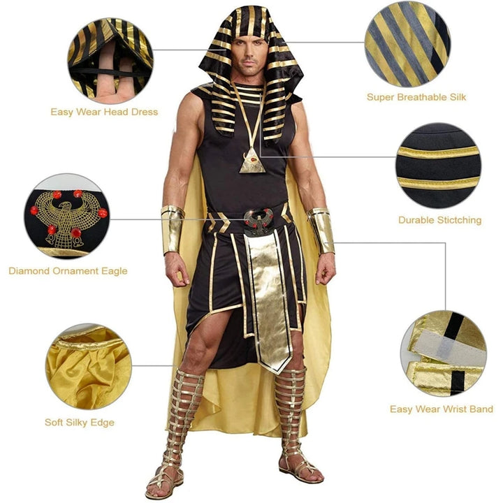 Combhasaki Men Egyptian Costume Set 7 Pcs Golden Trim Tank Tops Skirt Arm Sleeves Headwear Necklace Halloween Cosplay Outfits