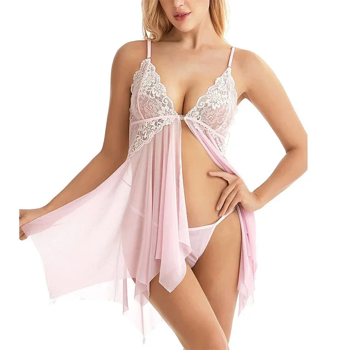 Erotic Clothes Sexy Women Sleepwear Hot Erotic Lingerie Women Front Closure Babydoll Lace Mesh Sleepwear Set Evening Dress