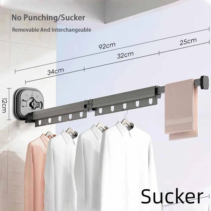 Suction/Drill Wall Mount Folding Clothes Drying Rack With Retractable Suction Cup Extension Pole Reusable 3-Fold Clothes Rack