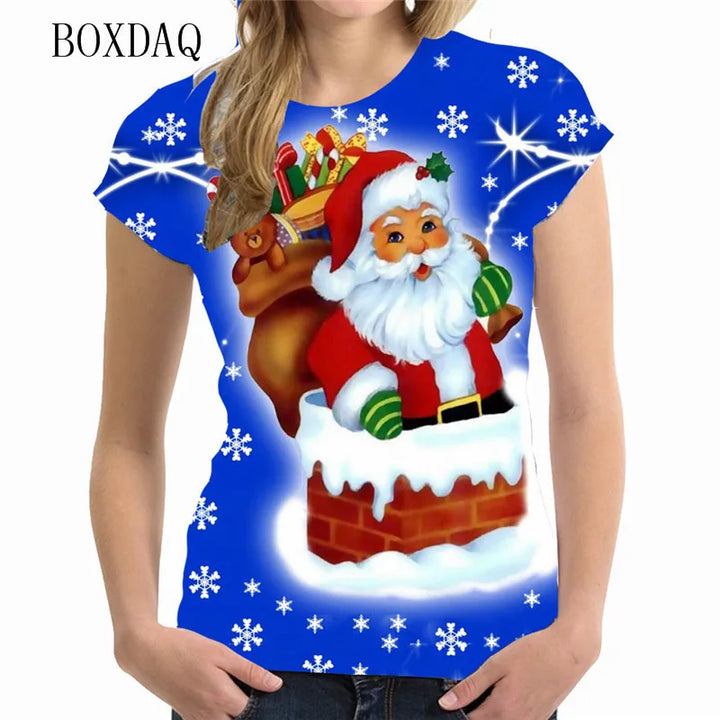 Short Sleeve Cartoon Santa Claus Women 3d T-shirts Street Hip Hop Cute Ladies Tee Christmas Style Loose Casual Tops Big Size 6XL