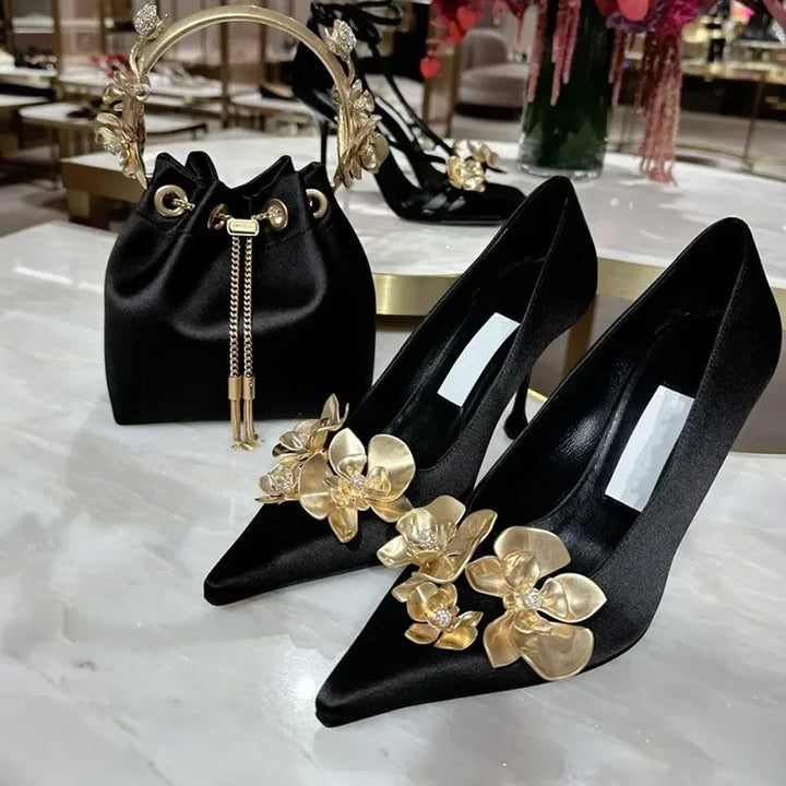 Golden Flowers Women Silk High Heels Luxury Designer Sandal Metallic Flower Square Toe Pointed Fine Heel Party Dress Shoes Pumps