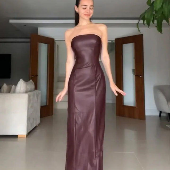 Sleeveless Strapless High Waisted Women's Leather Dress Backless Burgundy Slim Fit Evening Gown New Female Night Club Vestidos