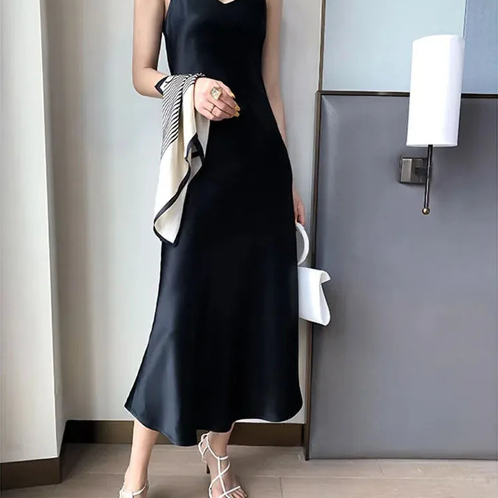 2022 Elegant Women Dress Summer Sexy V-Neck Korean Satin Party Long Spaghetti Strap Dresses Casual Sundress Vestido Mujer