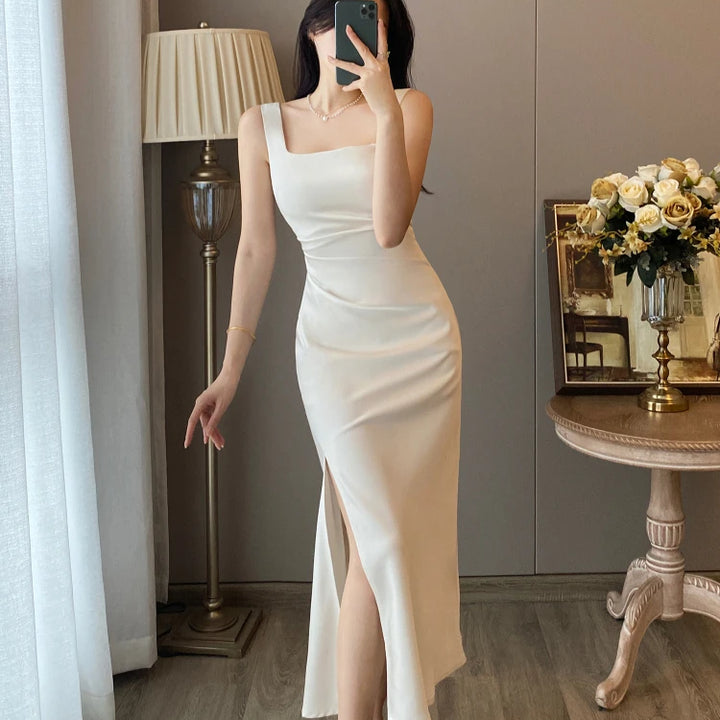 White Satin Sling Long Dress Women 2024 Summer French Elegant Square Collar High Waist Slim Fit Sexy Split Bodycon Evening Dress